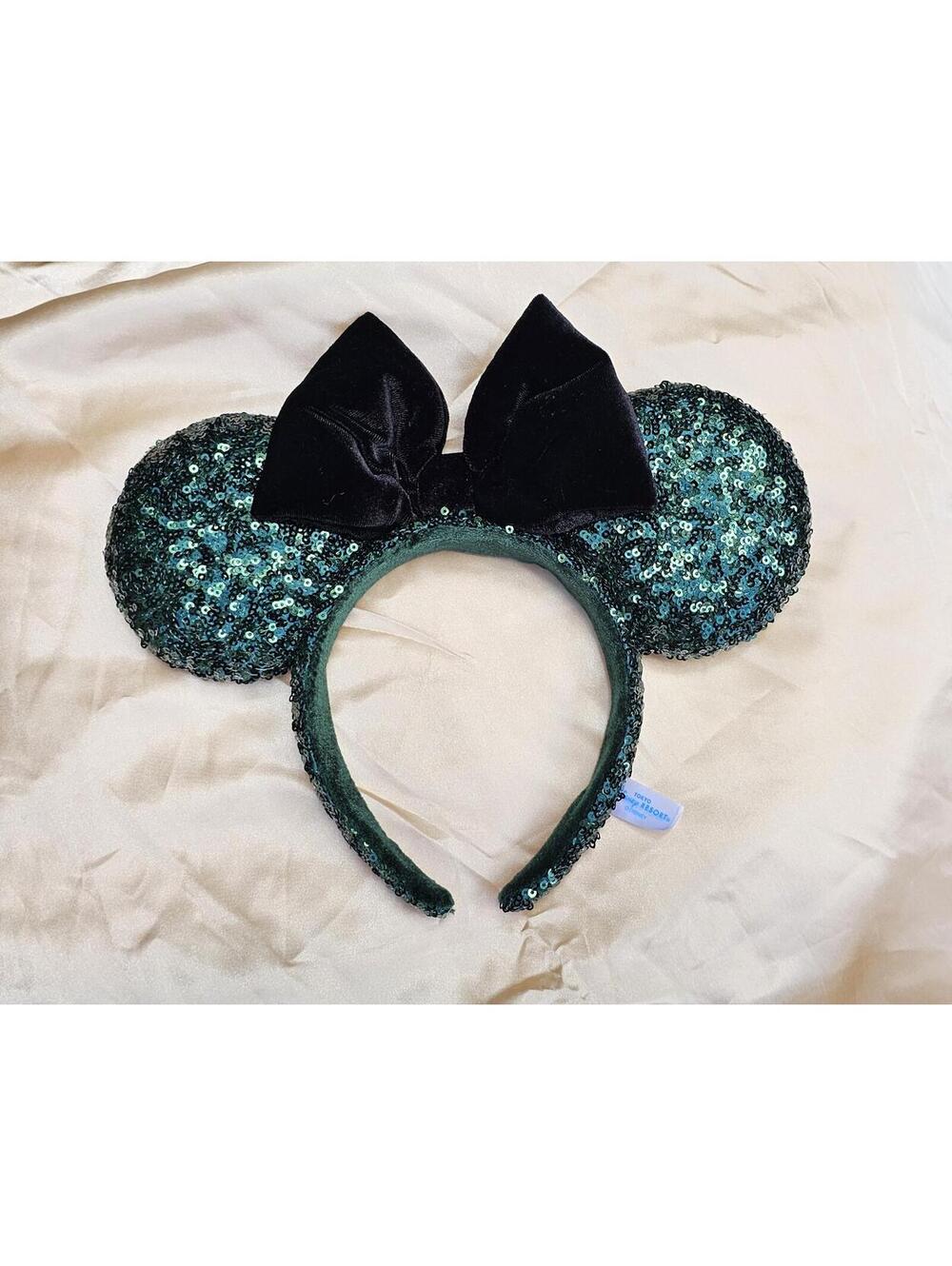 Dark Green Sequin Minnie Ears Headband Black Bow